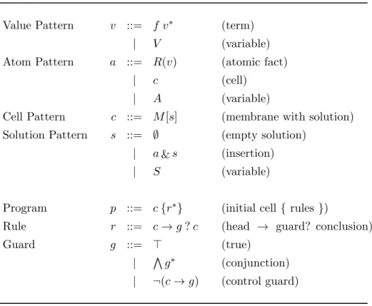 Table 2.1: Introspective Chemical Abstract Machine – Syntax A program is defined as a set of reduction rules with an initial state.