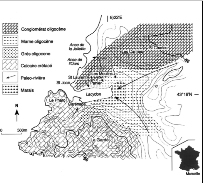 Figure 1 : Esquisse géologique et paléo-topographique de la calanque-estuaire du Lacydon, en partie d’après Guery, 1992 et Dellery et Gaudin 1977