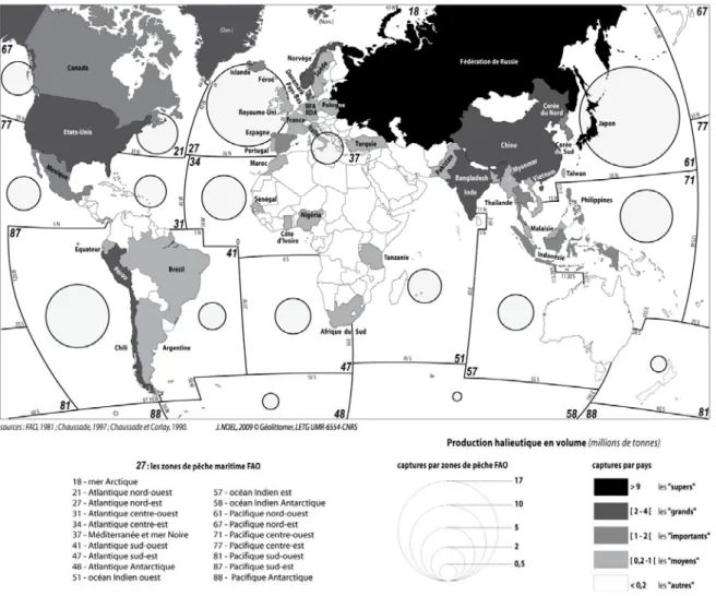 Figure 7b – L’économie-monde halieutique en 1980 : principales puissances et grandes zones de pêche 