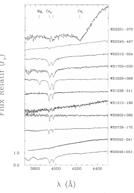 FIGURE 2.2 — Échantillon de spectres observés d’étoiles DZ dans le visible. Les spectres sont normalisés à 4300 À.oo.1(joM WD2251 —070WD2345—447WD2312—024WD 1705+030WD1626+368WD1338—31 1WD1313—198WD 0602+386W00738— 172WD0552—04 1WD0046+0511.00.038004000420