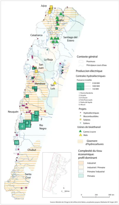 Figure 1. Extraction, projets et potentiels énergétiques des territoires ruraux andins en Argentine 