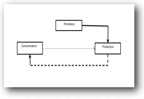 Figure  1.  3  :  Schéma  des  relations  entre  consommateur,  producteur  et  promoteur 