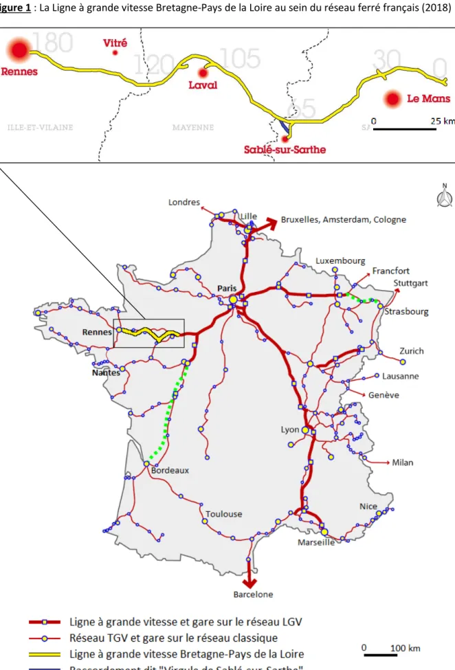 Figure 1 : La Ligne à grande vitesse Bretagne-Pays de la Loire au sein du réseau ferré français (2018) 