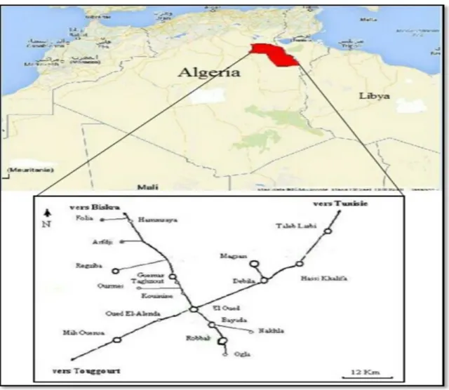 Figure 01 – Situation géographique de la région du Souf (Google earthe 2014 +D.S.A., 2000 El  oued) modifié.