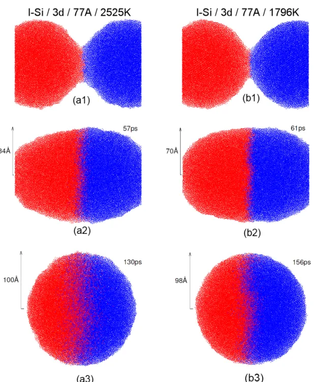 Figure 2.3 – Évolution de la coalescence de deux gouttelettes l-Si en 3d. Chaque atome est représenté par un point bleu ou rouge selon la gouttelette initiale dont il est issu