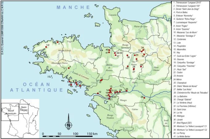Fig. 2 : Relief, réseau hydrographique et régions naturelles du Massif Armoricain 
