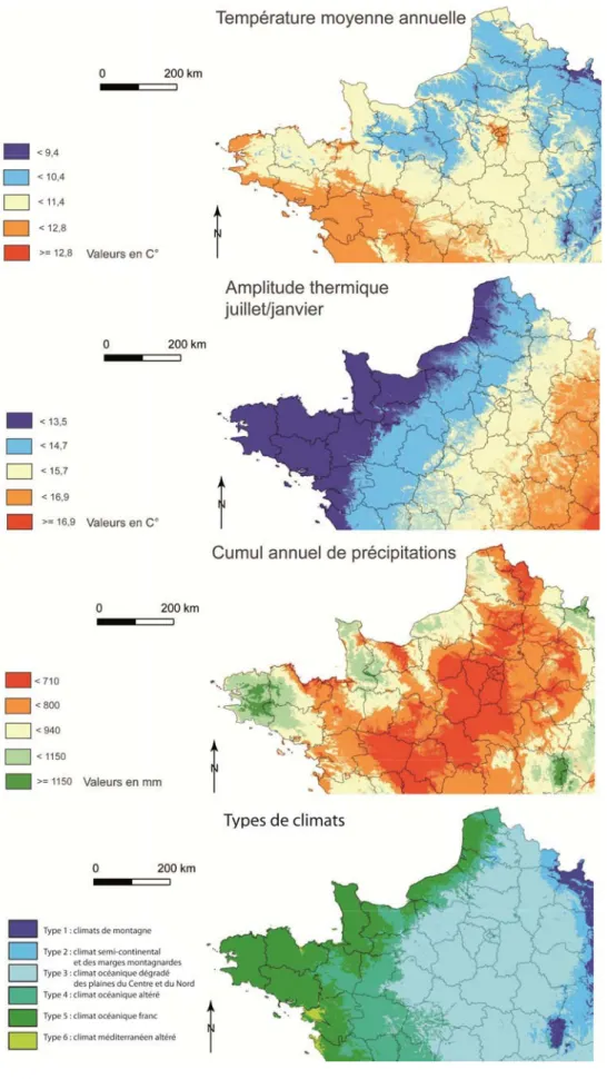 Fig. 4 : Répartition de différentes variables climatiques et des principaux types de climats pour le nord-ouest de la France  (Modifié daprès Joly et al
