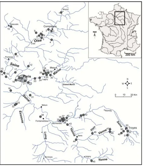 Fig. 6 : Distribution of sites from which the radiocarbon dates were obtained within the central-eastern Paris Basin