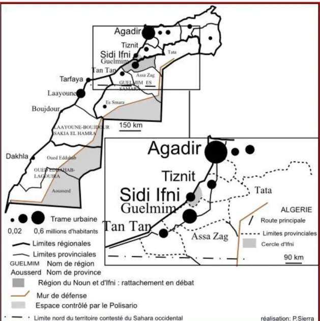 Figure n°2 : Le positionnement d’Ifni et de la région du Noun et les découpages sahariens 