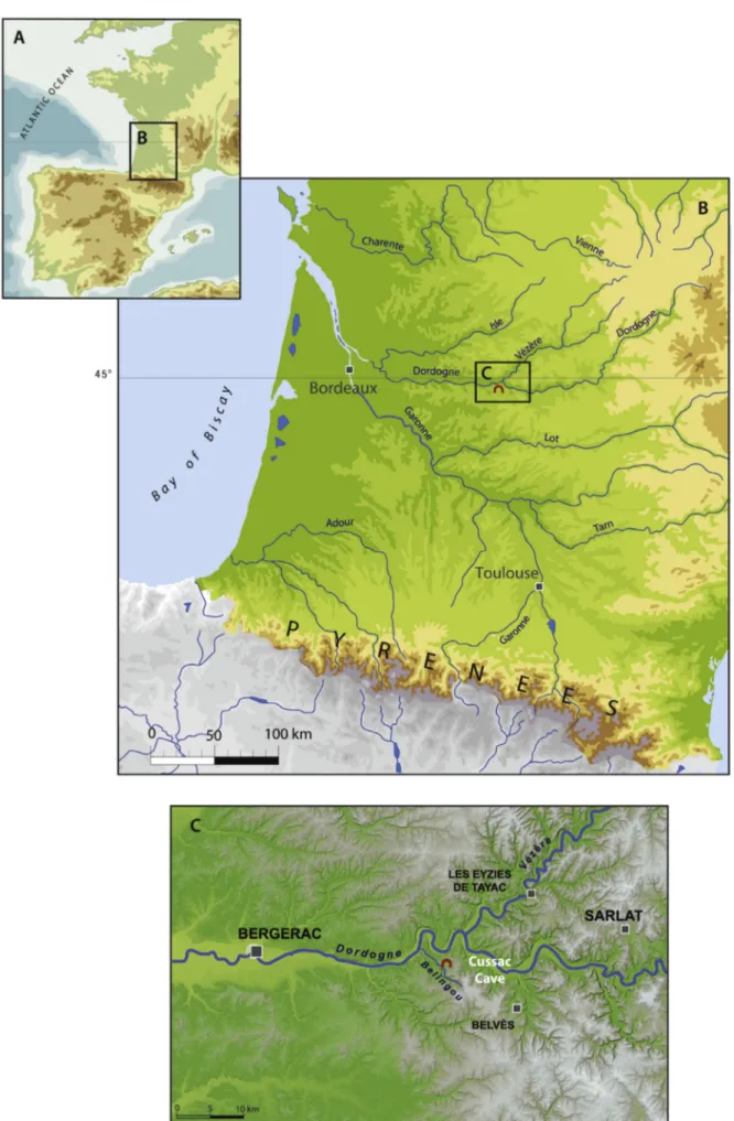 Fig. 1. Geographic location of Cussac Cave (Le Buisson-de-Cadouin, Dordogne) in south-western France.