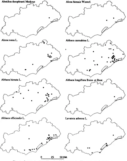 Fig.  4.- Cartes de repartition des  Ma/vaceaedu  departement de I'HerauH  Fig.  4 .- Dislribution maps of  Malvaceae  in the department of HerauH 