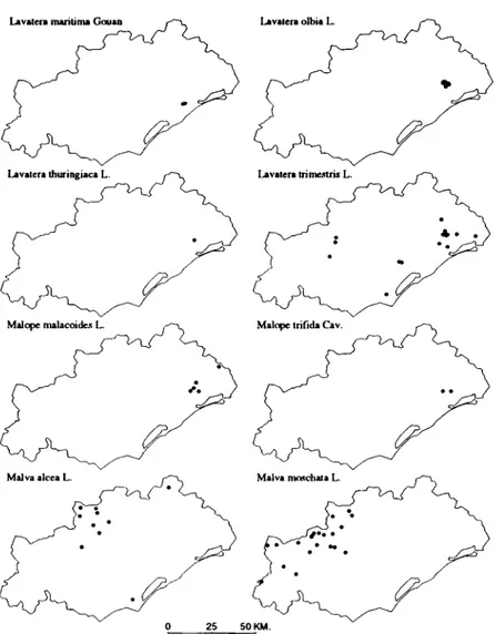Fig.  5.- Cartes de rllpartition des Malvaceae du dllpartement de I'Hllrault  Fig.  5.- Distribution maps of Malvaceae in the department of Herault 