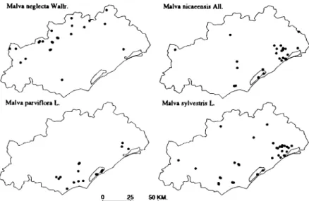 Fig.  6.- Cartes de repartition des Ma/vaceae du  c  epartement de !'Herault  Fig.  6.- Distribution maps of  Ma/vaceae in the department of Herault 