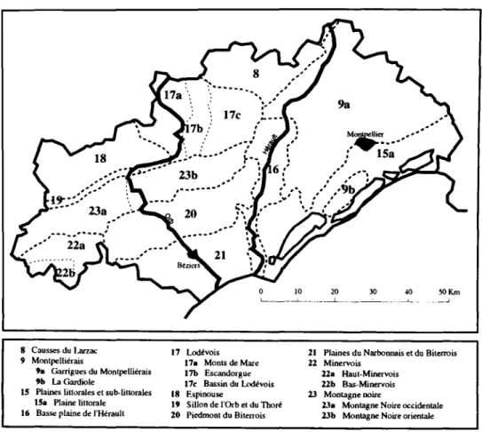 Fig. 3.- Les regions ecologiques et leurs subdivisions dans I'Heraun  Fig. 3.- Ecological regions and their subdivisions in the department of Heraun 