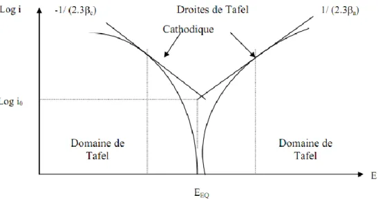 Figure I.8:Courbe Log i en fonction de potentiel E et droite de Tafel (Échelle semi-Log) [7]