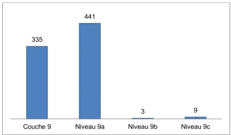 Fig. 44 : Répartition des artefacts de la couche 9 par niveau archéologique. 