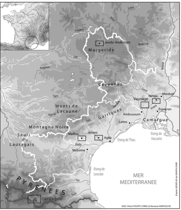 Fig. 4 : Localisation des points de découverte et des zones de terrasses agricoles dont la construction est antérieure à l’époque moderne dans le Sud de la France : Javols/Anderitum (Lozère), Harfouche et al