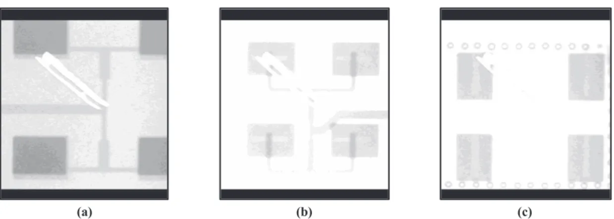 Figure III.12 - Vues superposées des couches métalliques de la structure 2C par rayon X : (a) réseau  As 1 , (b) réseau A 2  et (c) réseau A 4 