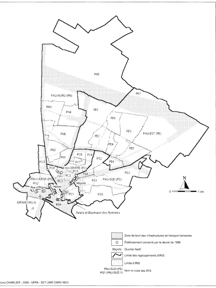 Fig.  1  - Localisation des zones de « bruit  administratif » dans la commune de Pau  (découpage selon les îlots regroupés pour l'information statistique [IRIS]  INSEE) 