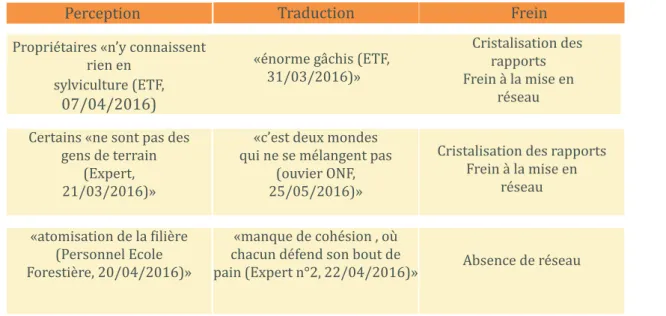 Tableau 2 : Exemples de représentations portées entre les acteurs et leur influences en termes de freins au  processus d’innovation.