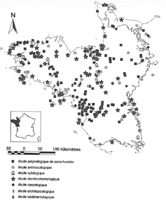 Figure 2: Carte de localisation des clilïérentes études paléoenvironnemenrales dans le Massif  armoricain (état de la recherche en 2005) (Voir aussi cahier couleurs, ﬁg