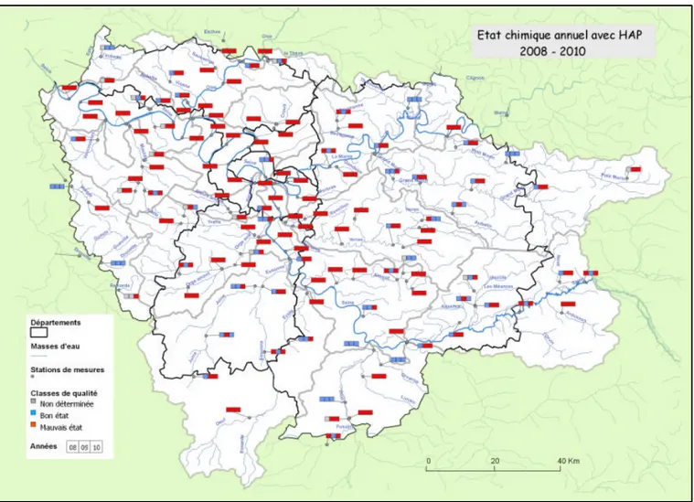 Figure 3 : Etat chimique des masses d’eau de l’Ile-de-France de 2008 à 2010 (Source, AESN) 