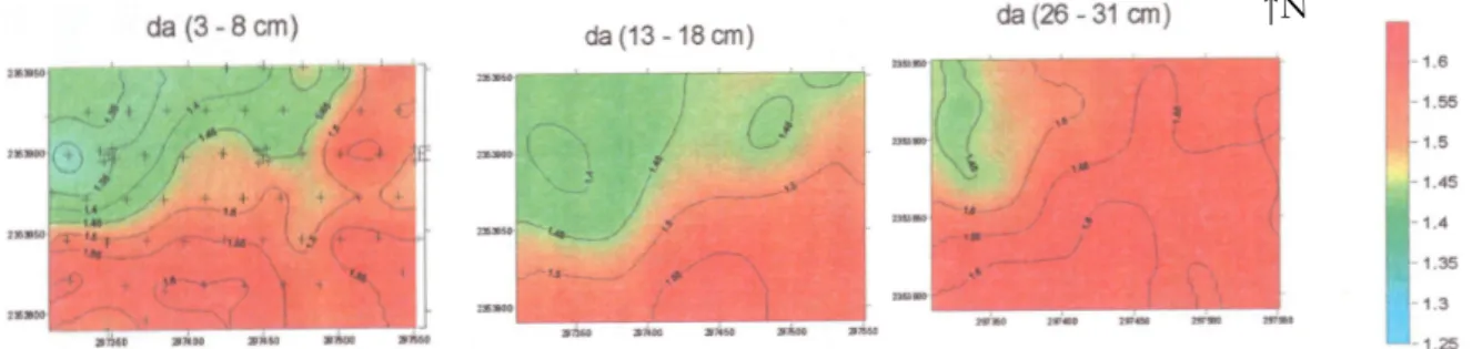 Figure A3. Cartes de la densité apparente aux trois profondeurs, parcelle de la Barre Thomas  A.3.1.3   Infiltrométrie 