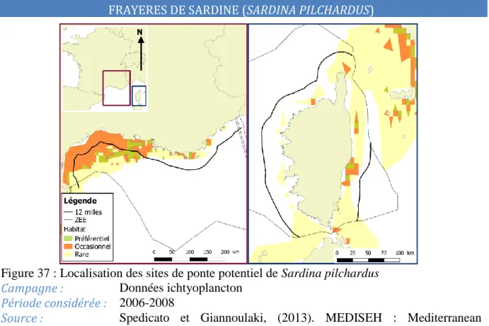 Figure 37 : Localisation des sites de ponte potentiel de Sardina pilchardus  Campagne :   Données ichtyoplancton 