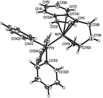 Figure 3-4. Dessin ORTEP du composé [(3:2-Ind(CH2)2CHCH2)Ni(PPh3)] (2a) Les ellipsoïdes sont présentés à 30% de probabilité.