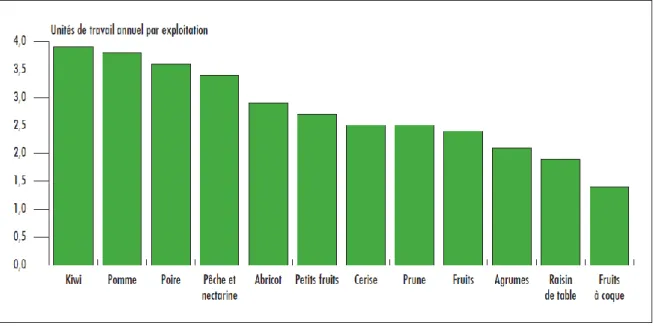 Figure 4 Volume de travail par exploitation fruitière en 2010 selon l’espèce cultivée