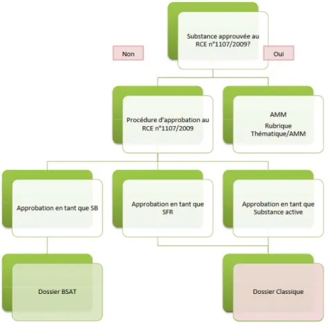 Figure 2.1-1. Les étapes d’autorisation d’une substance ou préparation à effet sur la santé des végétaux   (Source : ITAB and ONEMA, 2013)