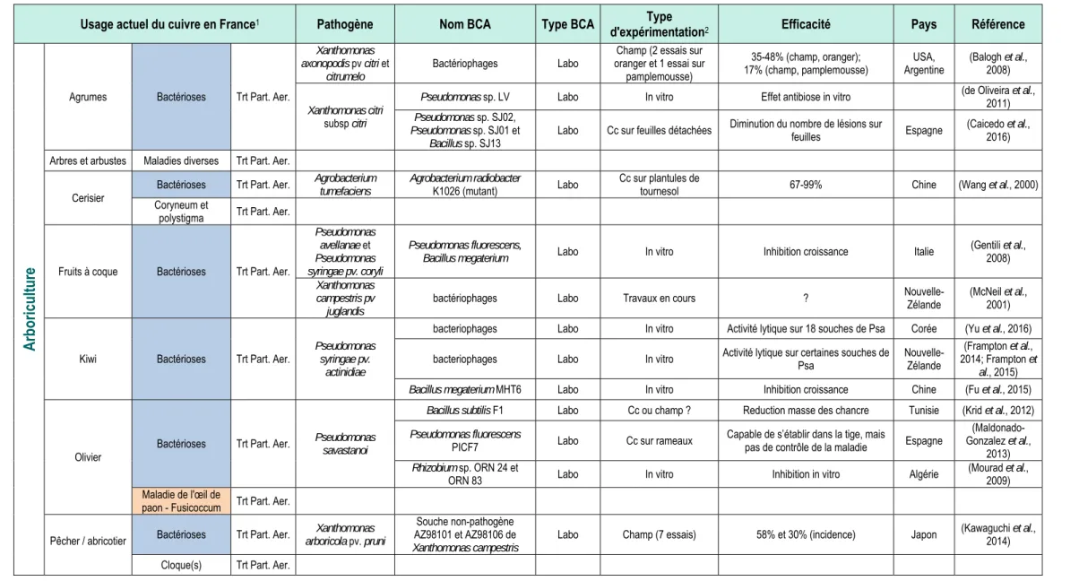 Tableau 2.3-A3. Analyse bibliographique des agents microbiens ayant un potentiel de biocontrôle contre les maladies faisant l’objet d’un usage homologué du cuivre en France 