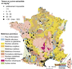Figure 1. Les teneurs en cuivre EDTA des horizons de surface  (0-30 cm) des sols de France  