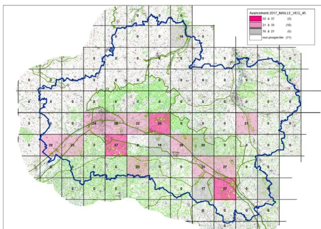 Figure 1 : nombre de syntaxons (de rang inférieur ou égal à l’alliance) observés dans les mailles 10x10 km du  Loiret