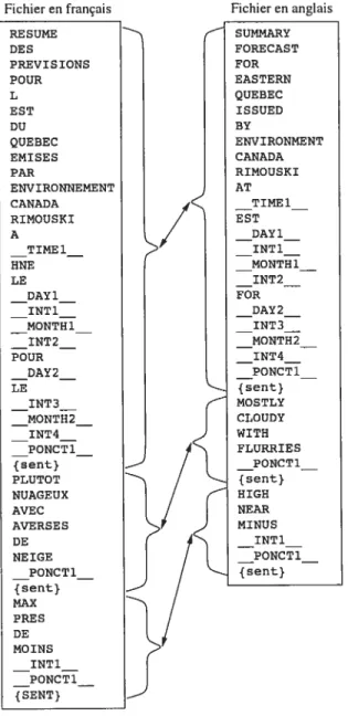 FIG. 2.2 — Extrait du bitexte avec les phrases tokenisées, alignées et marcluées.