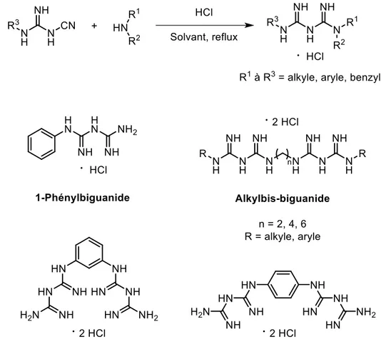 Figure 1.25. Représentations générales de la synthèse de biguanides à partir de  cyanoguanidines en présence d’acide chlorhydrique à reflux et des biguanides obtenus 