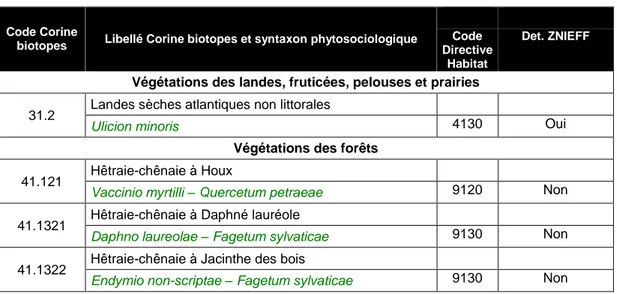 Tableau 4 : Synthèse des végétations du Bois des Garennes. 