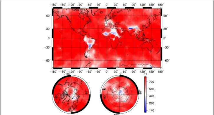 Fig. 5 Map of the true minimum wavelength of the magnetic field model as a function of the location, presented as a maximum SH degree