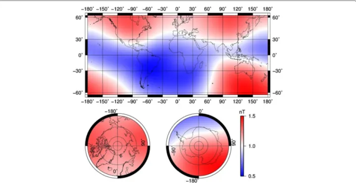 Fig. 6 Map of the J D factor. The J D factor is dimensionless and consists of the ratio of the CM4 core field strength for 1990 over 45,000 nT