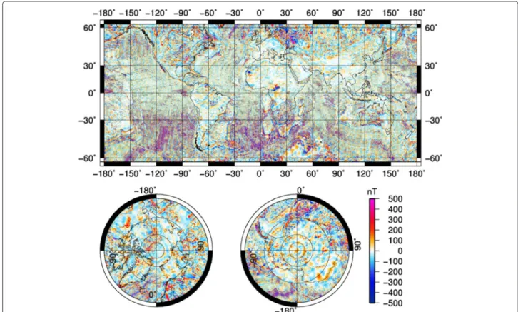 Fig. 7 Global map of the Earth’s magnetic anomalies relative to the CM4 main field model for year 1990, divided by the J D factor