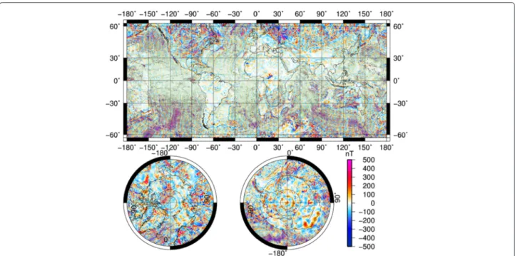 Fig. 1 Global map of the Earth’s magnetic anomalies relative to the CM4 main field model for year 1990