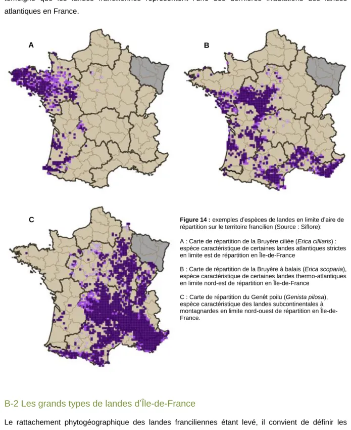 Figure 14 : exemples d’espèces de landes en limite d’aire de  répartition sur le territoire francilien (Source : Siflore): 