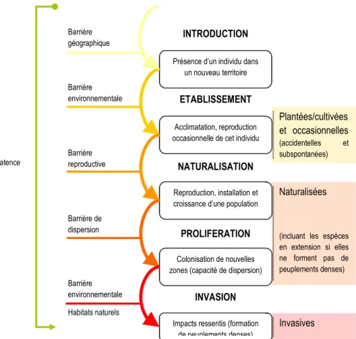 Figure 5 : Représentation schématique des principales barrières limitant l’expansion des plantes introduites (modifié  d’après Richardson et al., 2000) 