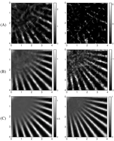 Fig. 4. Speckle patterns: [Row A] One speckle illumination such that NA ill = NA (left) and its “squared” counterpart (right)