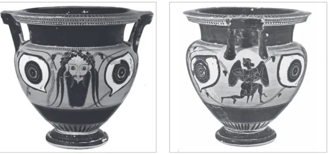 Fig. 5a et b : Cratère à colonnettes attique à figures noires. h: 34,3 m. Vers 520-510 av