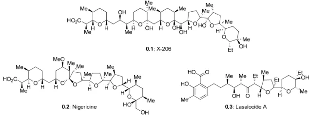 Figure 1.  Structure de l’antibiotique X-206, de la nigéricine et de la lasalocide 