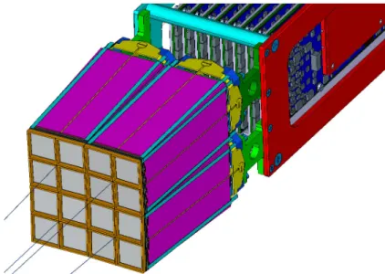 Figure 7: Rendering of the detectors and their support mechanics. Orientation axes of quartettos are also shown.