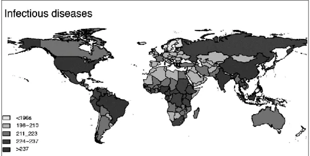 Figure 1 : Carte de répartition et prévalence des maladies infectieuses humaines dans le monde (d'après  Morand, 2015)