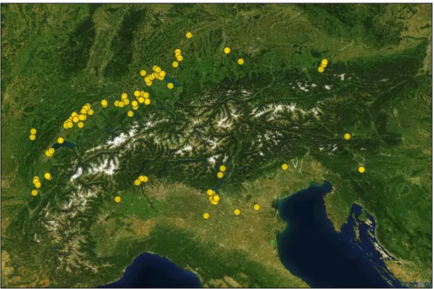 Figure 11 : Carte du Patrimoine mondial de l'UNESCO recensant les sites palafittiques dans l’arc alpin