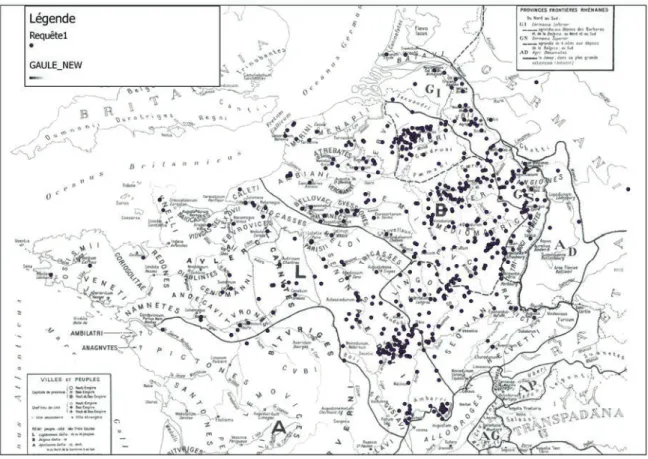 Fig. 1 : Carte de répartition des monuments funéraires de la Gaule du nord (D. Andries, d’après carte Ecole Française de Rome)